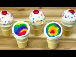 Rainbow cake pops in ice cream cone