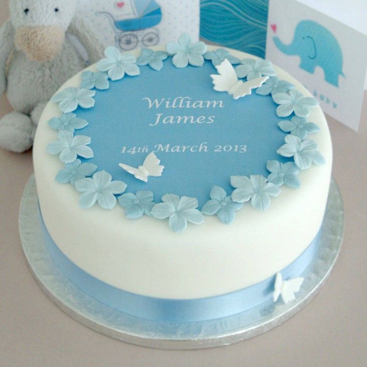 Christening cake with blue flowers