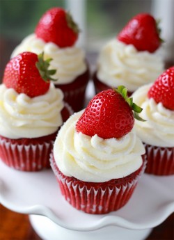 Red velvet cupcakes with strawberries