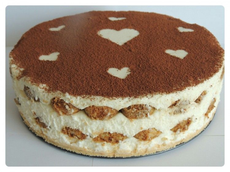 Tiramisu cake with hearts decoration