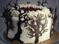 Black Forest cake with tree decorations