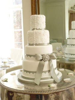 Wedding cake with silver ribbon