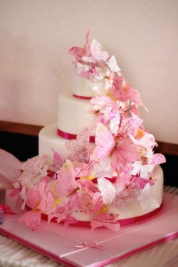 Wedding cake with pink butterflies