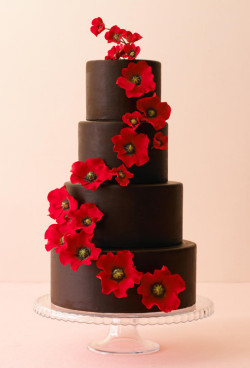 Chocolate Wedding cake with red flowers